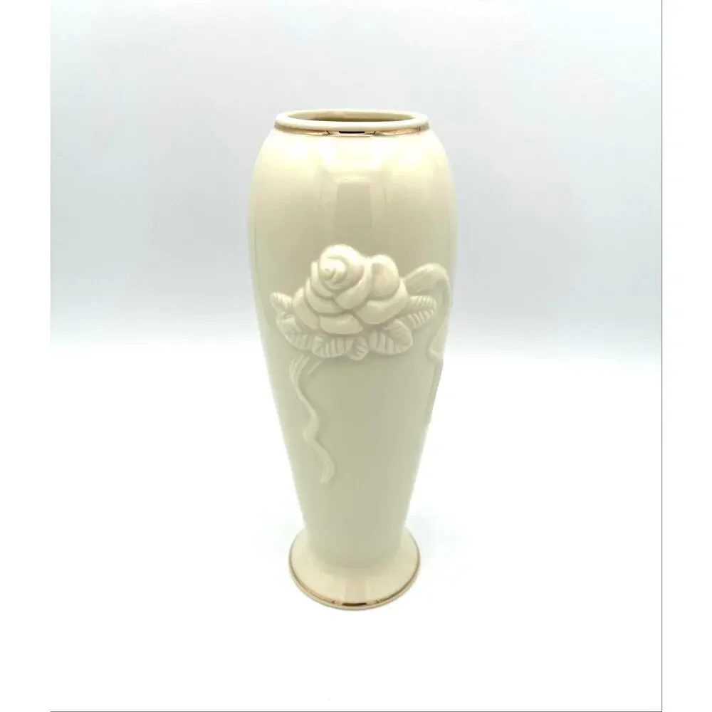 Lenox Ivory Porcelain Rose Blossom Bud Vase Embossed 24K Gold Trim 7 1/2